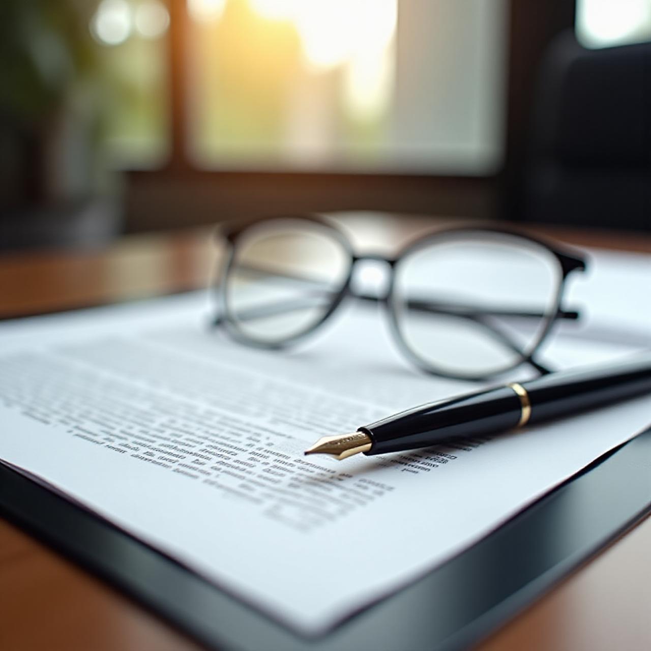 Close up of a legal document on a wooden desk with a pair of glasses