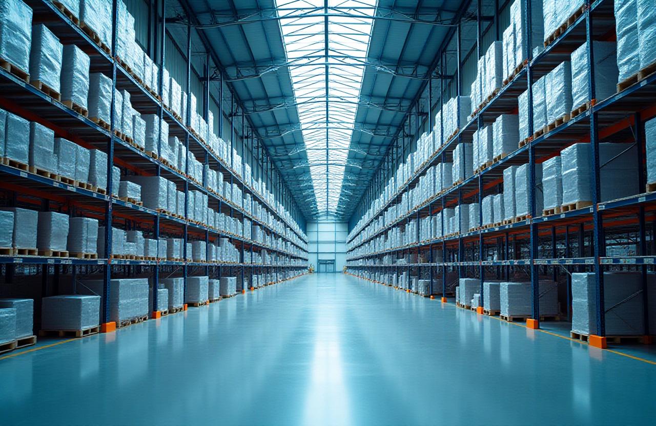 Large modern warehouse interior with high ceilings