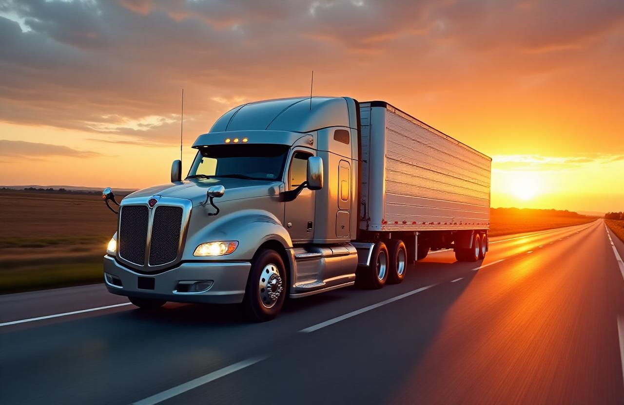 Heavy duty long haul truck on sunset highway